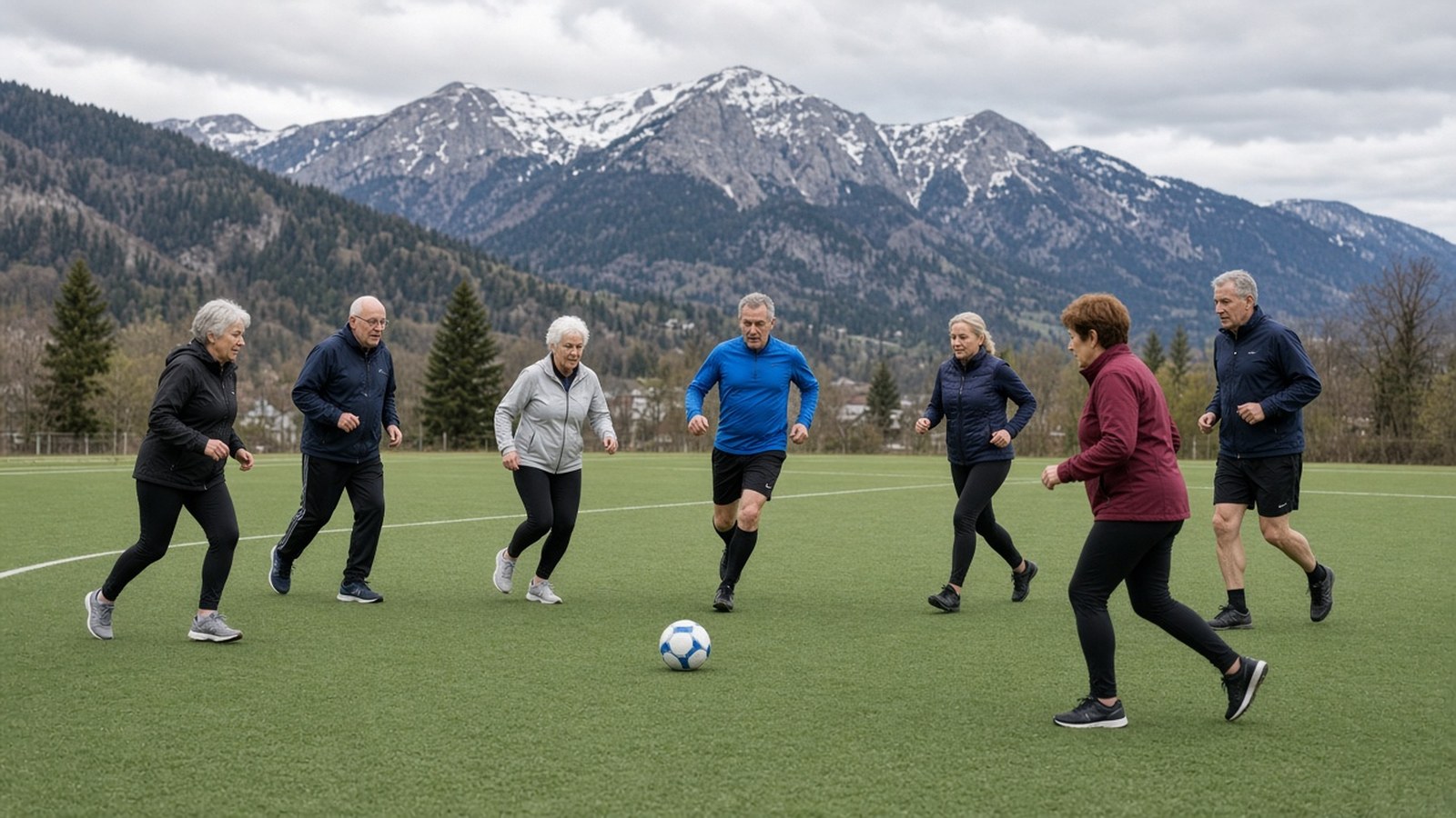 Skupina starších mužov a žien kráča po umelej tráve za loptou na malom futbalovom ihrisku, v pozadí hory