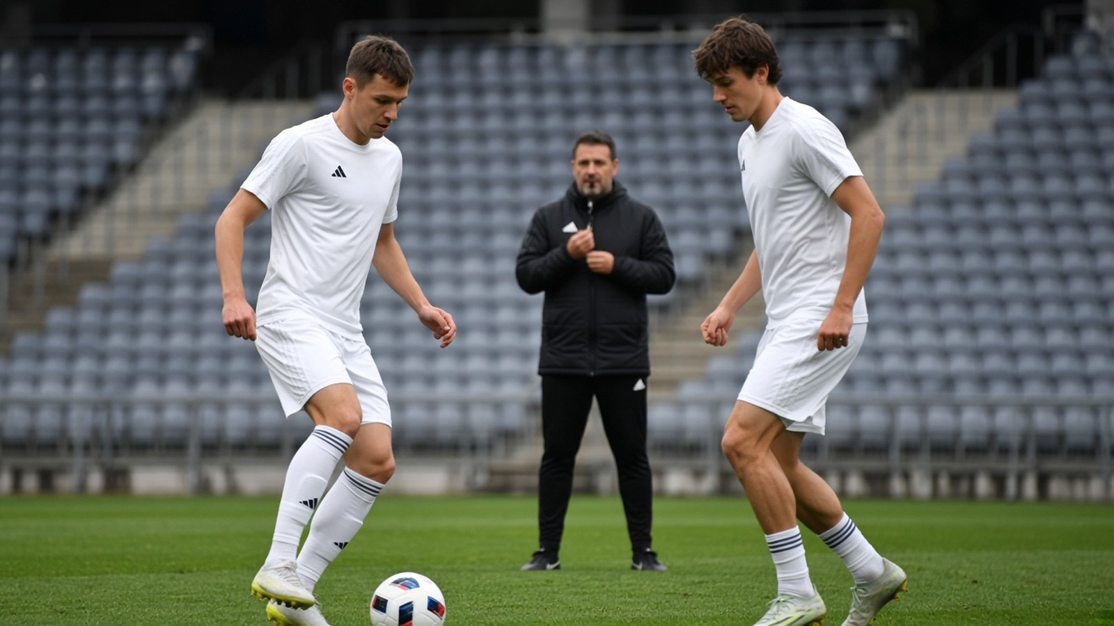 Slovenskí futbalisti v bielych dresoch na tréningu, v pozadí tribúna štadióna a tréner s píšťalkou